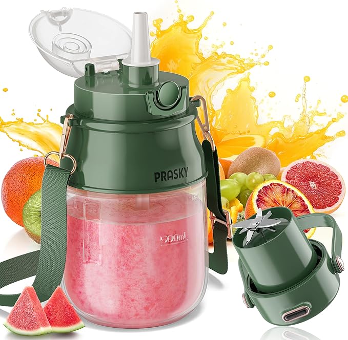 Portable Blender, Prasky Personal Blenders for Shakes and Smoothies with 27oz Cup, Lid and Shoulder Strap, Type-C USB Rechargeable, Personal Size Blenders BPA-free for Gym/Travel/Kitchen (green)