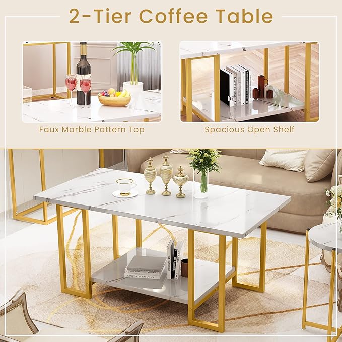 Lamerge Coffee Table, Modern Faux Marble Top Coffee Table with Metal Frame and Storage Shelf, 2-Tier Rectangle Accent Cocktail Table for Living Room, Office, White Gold