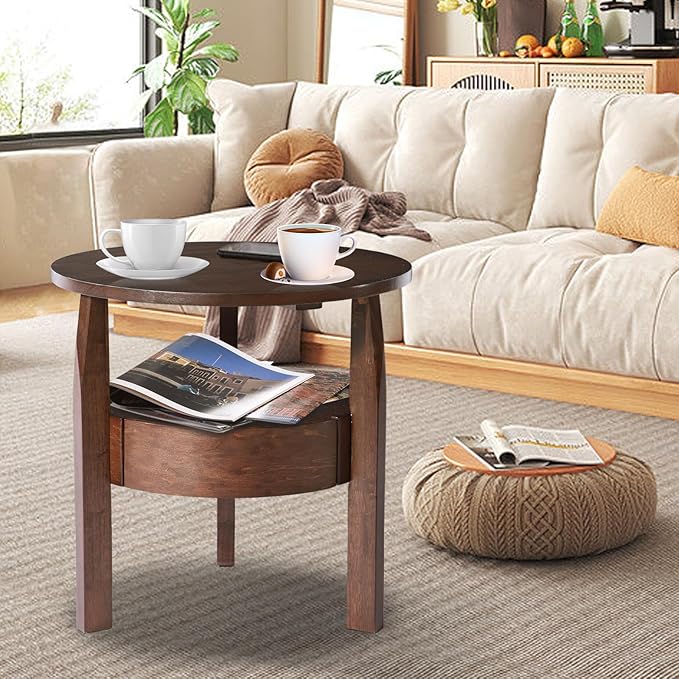 Round Coffee Table with Hidden Drawer - 20" D x 20" H Natural Wood Side Table with Drawer, 2-Tier Rustic Retro End Table with Storage, Small Coffee Table for Living Room, Dark Brown