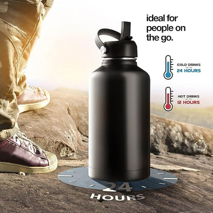 Stainless Steel Insulated Water Bottle and Travel Mug for Hot and Cold Beverages, Wide Mouth, Double Wall Insulated Hydration Sports Water Bottle for Hiking, Biking, Outdoor, 64 OZ BPA Free
