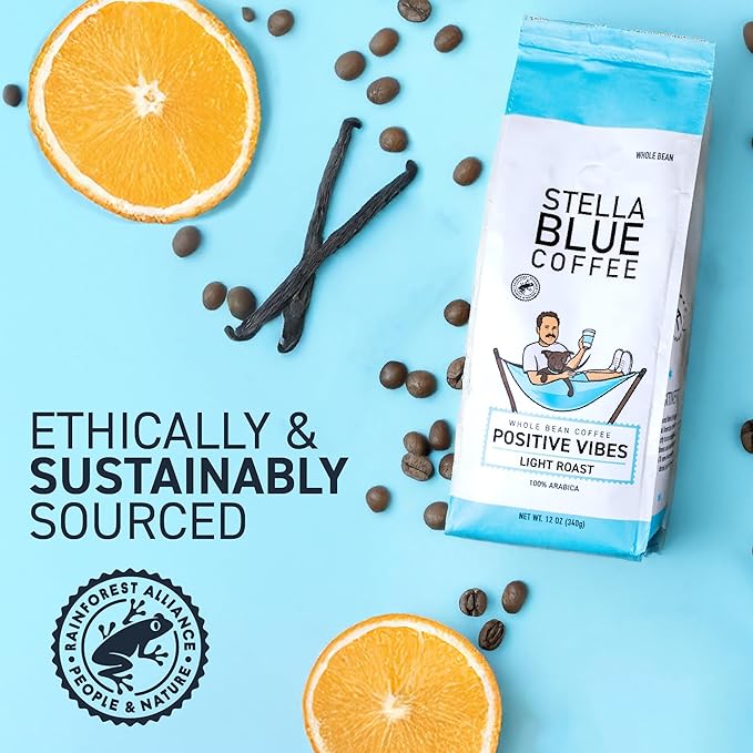Stella Blue Whole Bean Coffee, Positive Vibes Blend, Light Roast Vanilla, Fruity Notes 100% Arabica Beans, Ethically Sourced from Central and South America, Smooth Balanced, 12oz Bag