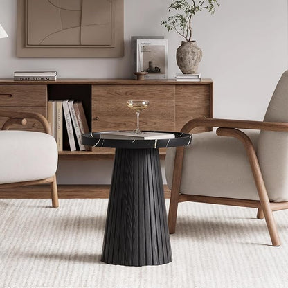 win2win Nesting Coffee Table Set of 2, Modern Coffee Table with Marble Veneer, Fluted Round Tea Table and End Table Set, Minimalist Center Tables for Living Room, Office, Black