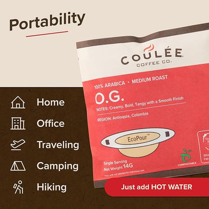 Coulée EcoPour O.G. Coffee, All Paper Single Serve Pour Over Colombian Coffee, Medium Roast, Use for Camping or Traveling, Pre Filled Compostable Filters, Ready to Brew with Hot Water, Plastic Free, 10 Pack