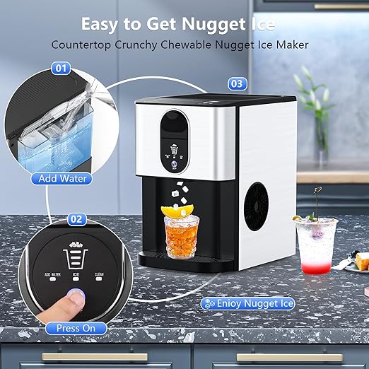 Portable Nugget Ice Maker Countertop, Self-Dispensing Pebble Ice Maker, 44 lbs/Day Soft Chewable Pellet Ice Machine for Home, Kitchen, Bar, Single Button Operation, Compact Design Ice Making Machine