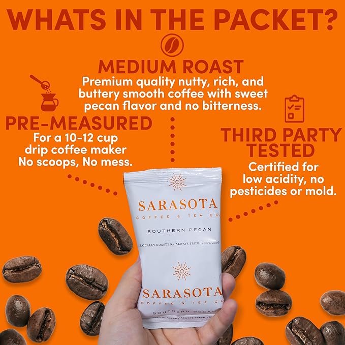 Coffee Packets – Southern Texas Butter Pecan Flavored Medium Roast | Low Acid Mold Free Ground Fractional Packs for 12 Cup Brewers | 2 oz Single-Pot Bags, 12 Count – Sarasota