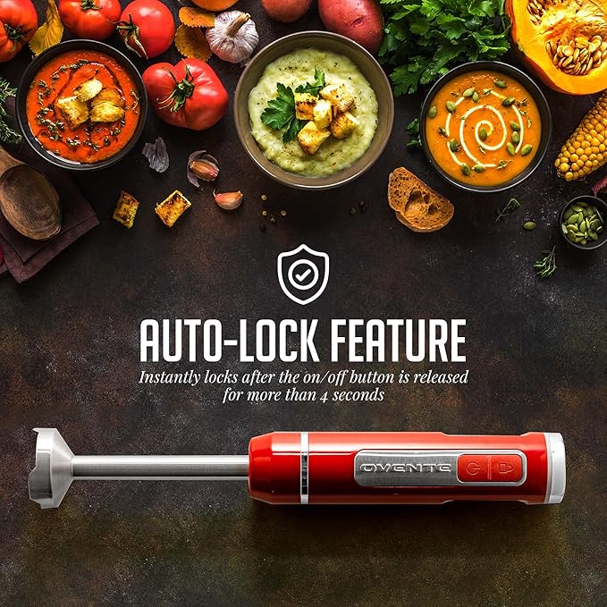 OVENTE Cordless Immersion Hand Blender, Rechargeable Handheld Portable Stick Mixer with 8 Mixing Speed Option, One-Touch Control and Stainless Steel Blades for Smoothies, Shakes or Soups, Red HR781R