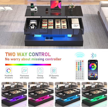 47.2" Large Lift Top Coffee Table,Modern High Glossy LED Coffee Tables for Living Room with Storage,Black Living Room Tables for Living Rooms,Dining Room,Bedroom Home Office,APP LED Lights（Black）