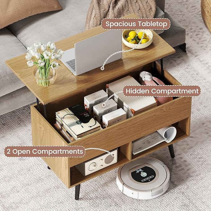 Tangkula Lift Top Coffee Table, Modern Cocktail Table with Hidden Compartment & 2 Open Shelves, Flip Top Center Table, Wooden Pull up Coffee Table for Living Room, Reception Room, Office (Natural)