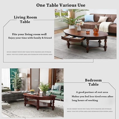 Solid Wood Oval Coffee Table with Drawer and Storage Shelf, Traditional Vintage Center Table Polished Edging Cocktail Tea Table for Living Room Bedroom Home, Cherry Walnut