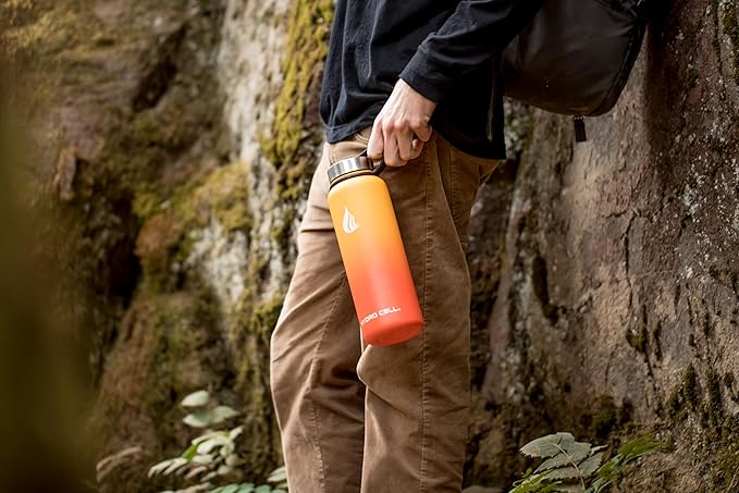HYDRO CELL Stainless Steel Insulated Water Bottle with Straw - For Cold & Hot Drinks - Metal Vacuum Flask with Screw Cap and Modern Leakproof Sport Thermos for Adults (Red/Orange 40oz)
