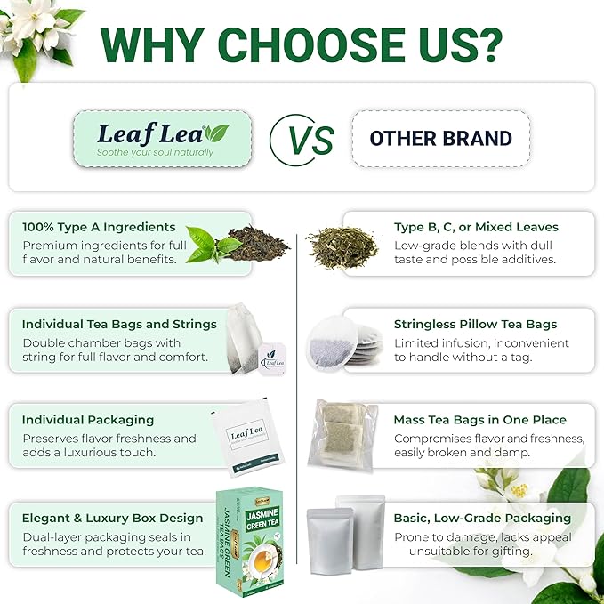 LeafLea 40 Jasmine Green Tea Bags, Premium Green Tea Scented with Jasmine Flowers for Gentle Support & Light Alertness, Floral Smoothness, Caffeinated, Sugar-Free, Non-GMO, Vegan, Individually Wrapped