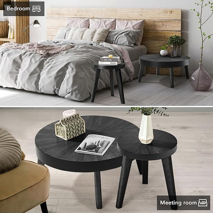 Farmhouse Round Coffee Table Set of 3, Black Sofa Side Nesting Tables End Table Set with Wood Natural Finish for Living Room, Bedroom, Home Office, Conference