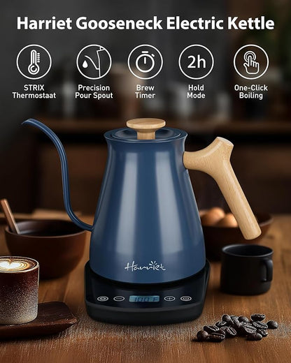Harriet Gooseneck Electric Kettle - 1200W Fast Heat, 0.8L Stainless Steel, Precision Temp Control & Timer, Wood Handle, Pour Over Coffee and Tea, Blue