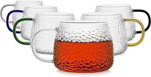 LUXU Hammered Tea Cups,Glass Coffee Mugs,Set of 6 Coffee Cups with Different Color Handles-15 oz,Prefect for Cappuccino,Latte,Water,Mocha,Milk,Widely Used for Cafes,Home and Office