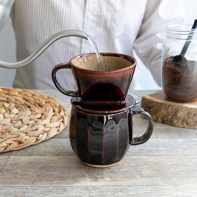 Asayu Japan Ceramic Coffee Pour Over Maker Set in Chocolate Brown, Slow Brewing Paper Filter Holder and Dripper with 3 Holes for Coffee and Tea (Coffee Dripper Cone)