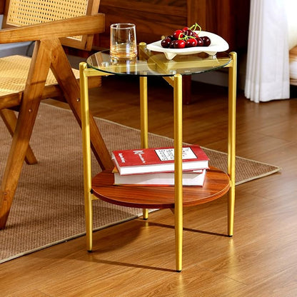 Small Round Glass Coffee Tables for Living Room, Mid Century Side Table with Clear Glass Top, Solid Brown Storage Shelf and Sturable Gold Legs for Small Space, Office, Department