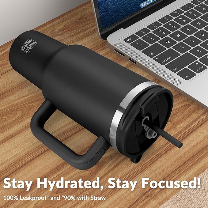 WETOWETO 40oz Tumbler with Handle and Lid | 100% Leakproof Insulated Stainless Steel Travel Mug | Keeps Cold 34Hrs/Hot 10Hrs | Dishwasher Safe, Fits Car Cup Holder (Midnight Black Color)