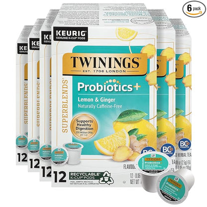 Twinings Probiotics+ Lemon & Ginger Herbal Tea 72 K-Cup Pods for Keurig, 12 Count (Pack of 6), Supports Digestive Health, Naturally Caffeine-Free, Enjoy Hot or Iced