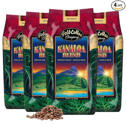 Gold Coffee | Kanaloa Premium House Blend, Medium Roast, Whole Bean | 100% Arabica Coffee | 1 lb. (Pack of 4)