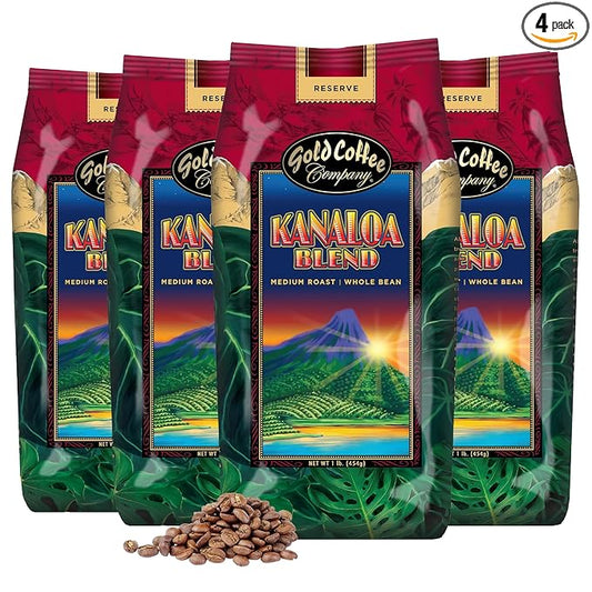 Gold Coffee | Kanaloa Premium House Blend, Medium Roast, Whole Bean | 100% Arabica Coffee | 1 lb. (Pack of 4)