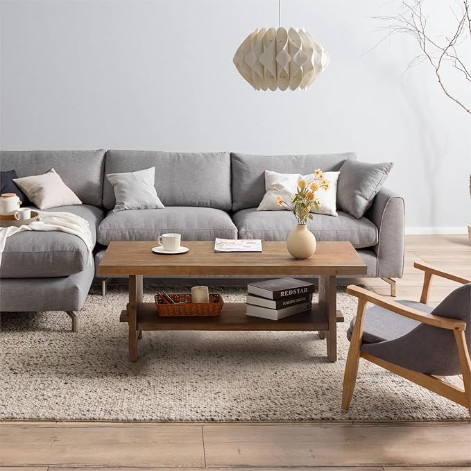 Farmhouse Wood Coffee Table - 43.4” Mid Century Modern Wooden Coffee Tables for Living Room, Solid Firwood Tabletop Rectangle Coffee Table, Center Table for Living Room, Brown
