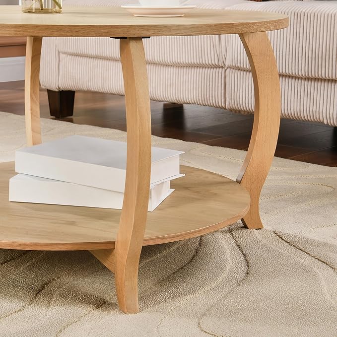 32.3” Round Coffee Table with Storage Shelf, Classic Living Room Tables with Oak Wood Veneer Tabletop, Cocktail Tea Table- with Curved Leg, 220 LBS Capacity, Easy Assembly Natural KFZ-D10040-LT