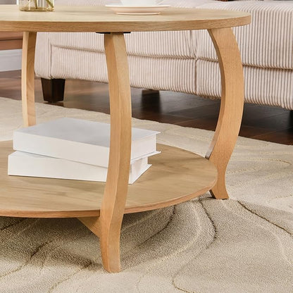 32.3” Round Coffee Table with Storage Shelf, Classic Living Room Tables with Oak Wood Veneer Tabletop, Cocktail Tea Table- with Curved Leg, 220 LBS Capacity, Easy Assembly Natural KFZ-D10040-LT