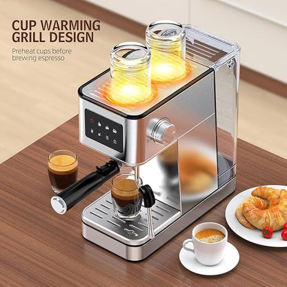 Espresso Machine with Milk Frother, 20 Bar Compact Espresso Maker with Touch Screen & 57.5oz Removable Water Tank for Home, Stainless Steel Coffee Machine for Cappuccino, Latte, Silver(updated)