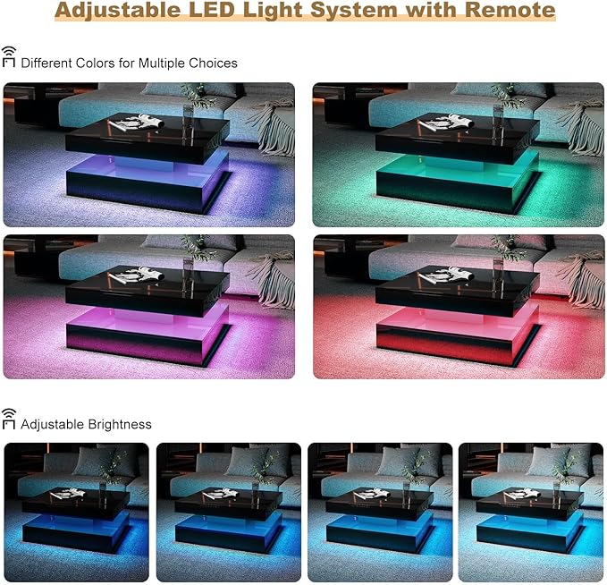 Black LED Coffee Table for Living Room, Living Room Table 2-Tier Square Center Tables, Wood Coffee Tables with Storage, Tea Table for Dining Reception Room