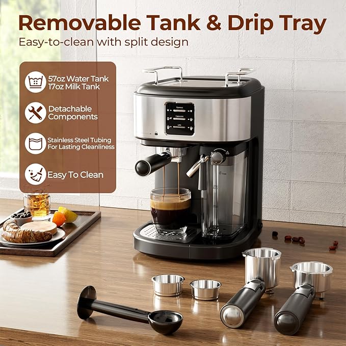 20 Bar Compact Espresso Machine with Milk Frother, 3-in-1 Stainless Steel Coffee Machine with 57oz Removable Water Tank for Home, Office