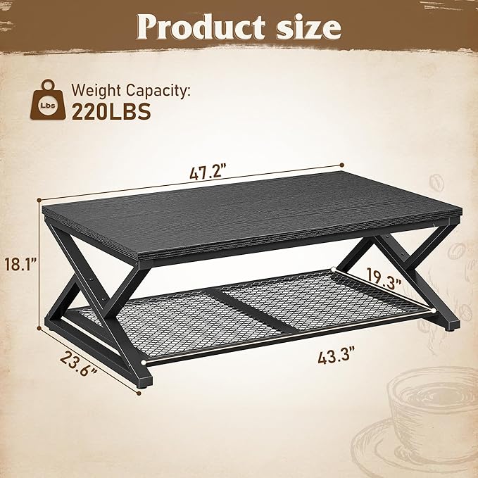 EnHomee Coffee Table with Storage, Modern Coffee Tables for Living Room with Mesh Shelf, 2 Tier Rectangular Center Table for Living Room, Bedroom, 47.2 Inch, Black Oak