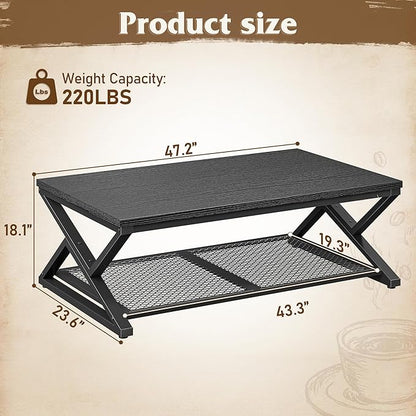 EnHomee Coffee Table with Storage, Modern Coffee Tables for Living Room with Mesh Shelf, 2 Tier Rectangular Center Table for Living Room, Bedroom, 47.2 Inch, Black Oak