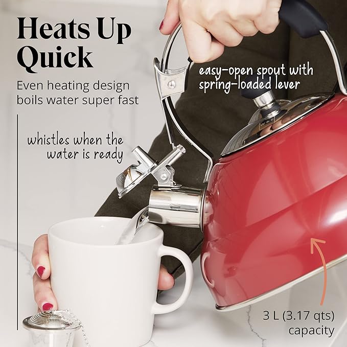 Willow & Everett Whistling Tea Kettle for Stove Top - 3.17 Quart Tea Pots for Stove Top w/Stainless Steel, Mirror Finish & Strainer