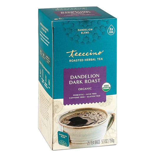 Teeccino Dandelion Herbal Tea - Dark Roast - 25 Tea Bags - Caffeine Free, Prebiotic, Gluten Free, 3x More Herbs