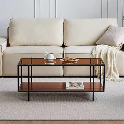 Shrine Glass Coffee Table, Modern Design, Dual-Layer Coffee Table for Living Room, Black-Plated Metal Frame, Brown Glass Top, Walnut Wood Panels
