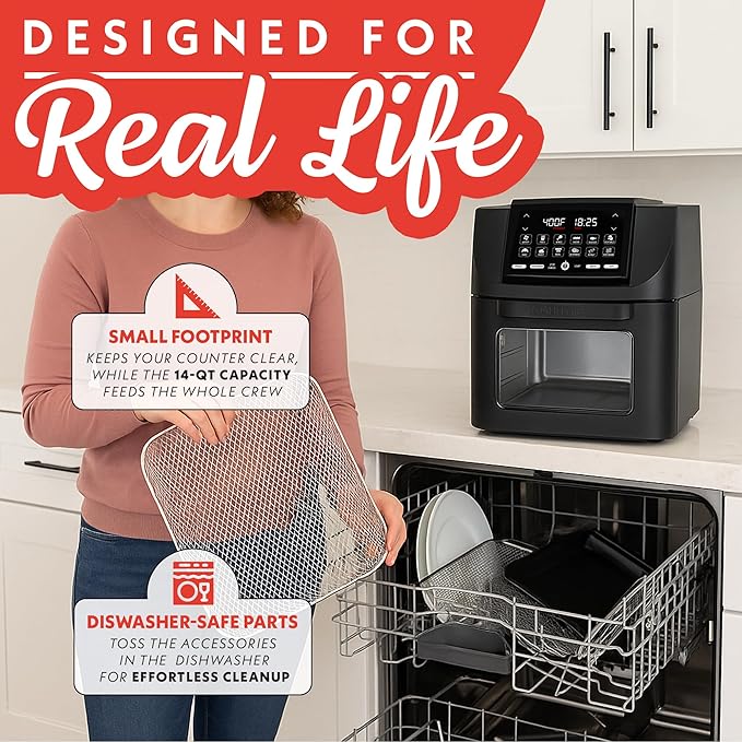 Gourmia Air Fryer Toaster Oven Combo - All-in-One 14-Quart Digital Air Fryer Toaster Oven with Rotisserie & Dehydrator – 12 Presets, Guided Cooking Prompts, 1750W, Dishwasher-Safe Accessories