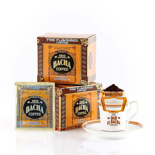 Bacha Coffee | Happy Gianduja Fine Flavoured, 100% Arabica Specialty Coffee Beans, Medium Roast, x12 Individually Wrapped Single Serve Filter Bags