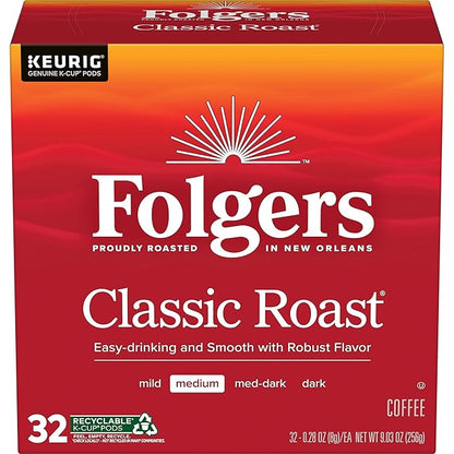Folgers Classic Roast Medium Roast Coffee, 128 Keurig K-Cup Pods