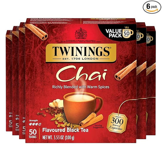 Twinings Chai Black Tea Individually Wrapped Bags, 50 Count (Pack of 6), Sweet, Savoury Spices, Caffeinated, Enjoy Hot or Iced, 300 Teabags