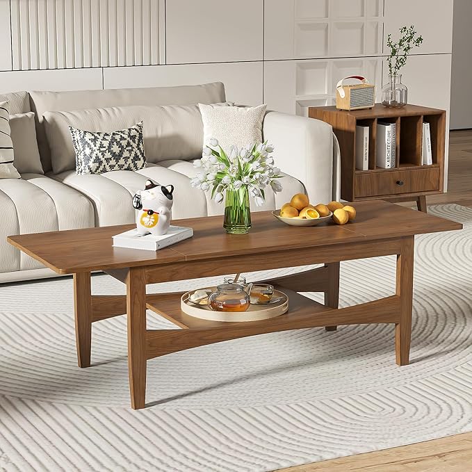 Coffee Table with Lifting Top, Rectangle Wood Lift Top Coffee Table with Open & Hidden Storage, Mid Century Pull up Center Tables for Living Room, Office (Walnut)