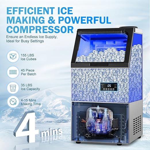 Commercial Ice Maker Machine 155Lbs/24H, 15" Wide Under Counter/Freestanding Ice Machine, 45 Ice Cubes in 4-15 Mins, 35Lbs Ice Storage, 2 Water Supply Modes, Built-in Ice Maker for Home, Bar, Outdoor