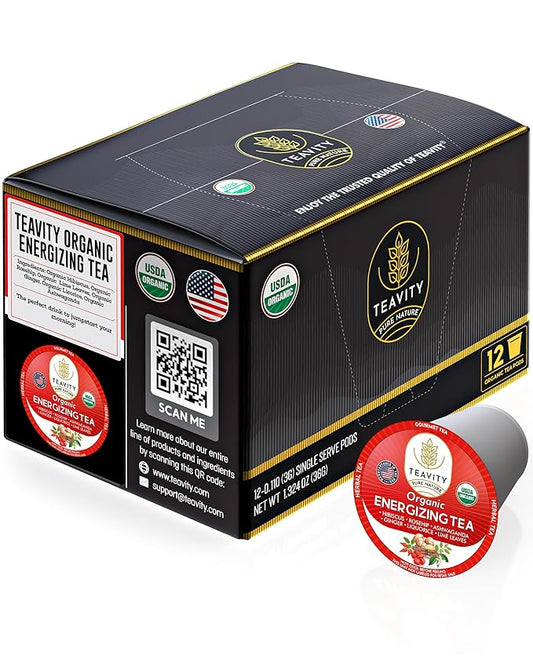 Organic Ashwagandha Tea Pods for Keurig with Ginger, Licorice, Organic Hibiscus Sabdariffa, Rosehip, & Lime - Decaf Herbal Tea - Energizing Tea by Teavity (12 Tea Pods)