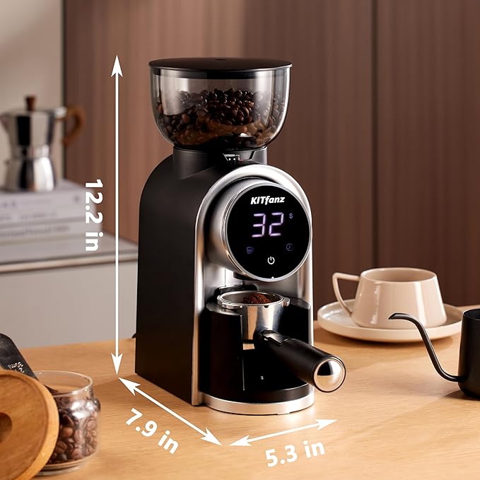 Electric Conical Burr Coffee Bean Grinder with 25 Precise Settings, Touchscreen Adjustable Electric Burr Mill with LED Screen & Anti-static Device, Organ-Style Powder Blower