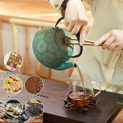 Cast Iron Teapot, 40oz Tea Kettle with Infuser for Stove Top, Sakura Design Japanese Tea Pot for Tea&Coffee Coated with Enameled Interior, Silicone Handle 1200ml Green