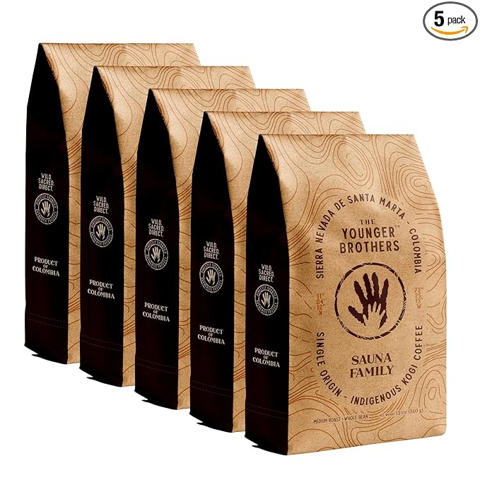 The Younger Brothers Trading Co. Kogi Coffee | Indigenous Wild Grown Whole Bean | Ethically Sourced Single Origin Colombian Coffee | Kogi Sauna Family Medium Roast (12 Ounce (Pack of 5))