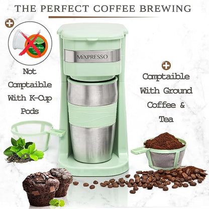 Mixpresso Green Personal Single Serve Coffee Maker with 14oz Travel Mug, Drip Small Coffee Maker with Auto Shut Off, Reusable Filter, Works with Ground Coffee Only – Not for K-Cup Pods
