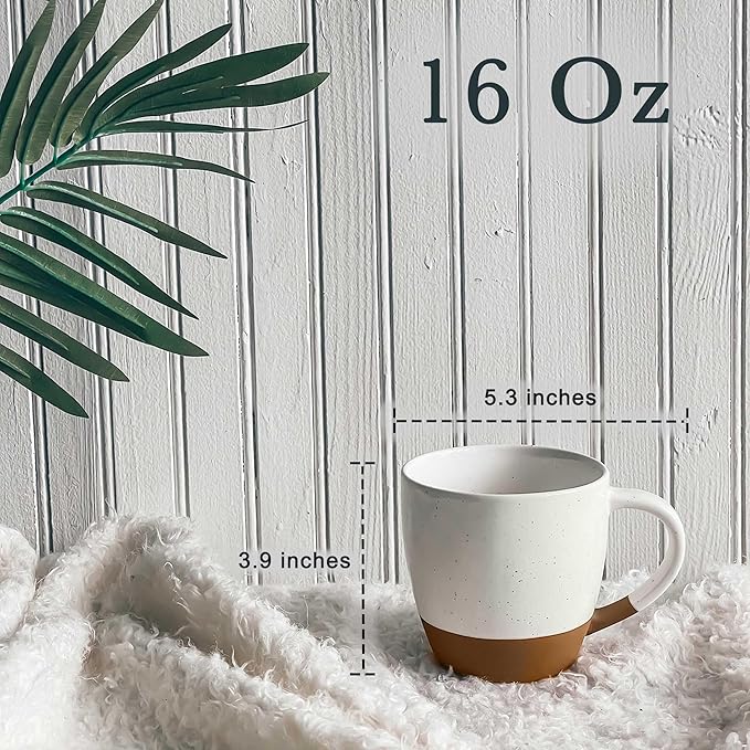 Mora Ceramic Large Latte Mug Set of 4, 16oz - Microwavable, Porcelain Coffee Cups With Big Handle - Modern, Boho, Unique Style For Any Kitchen. Microwave Safe Stoneware - Vanilla White