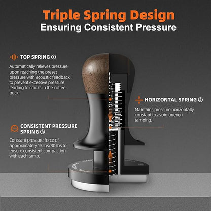 MHW-3BOMBER 58.5mm Espresso Tamper - 3 Spring Loaded Coffee Tamper with Sound Feedback - Barista Tamper Tool Espresso with 15lb / 30lbs Replacement Springs - Walnut Handle SUS304 Flat Base T7067F-OS