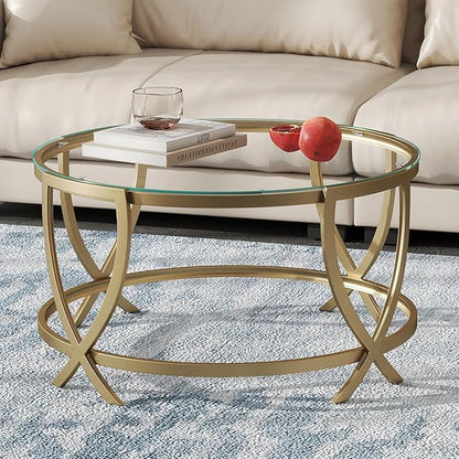 ASYA Round Coffee Table for Living Room, Gold Coffee Table with Tempered Glass & Metal Frame, Modern Glass Living Table for Home&Office