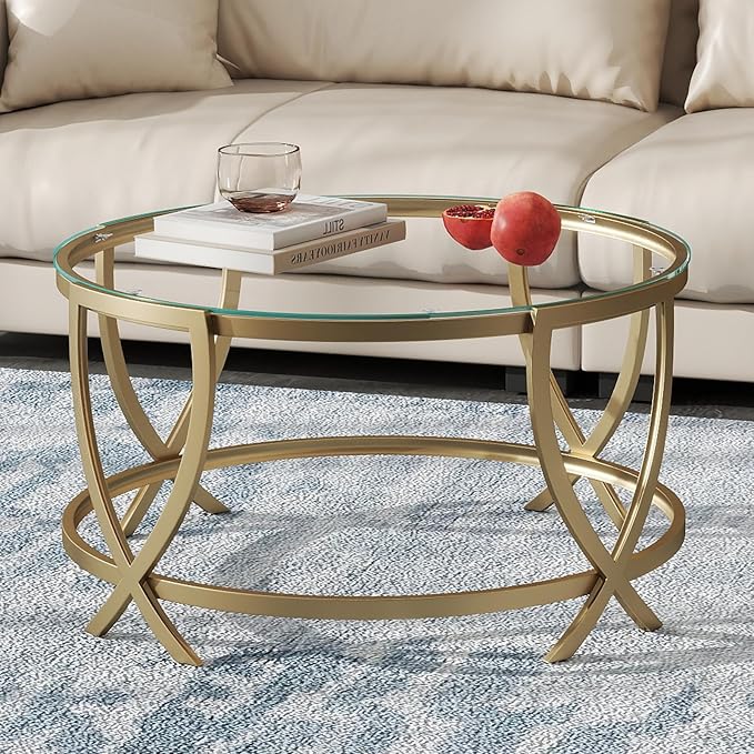 ASYA Round Coffee Table for Living Room, Gold Coffee Table with Tempered Glass & Metal Frame, Modern Glass Living Table for Home&Office